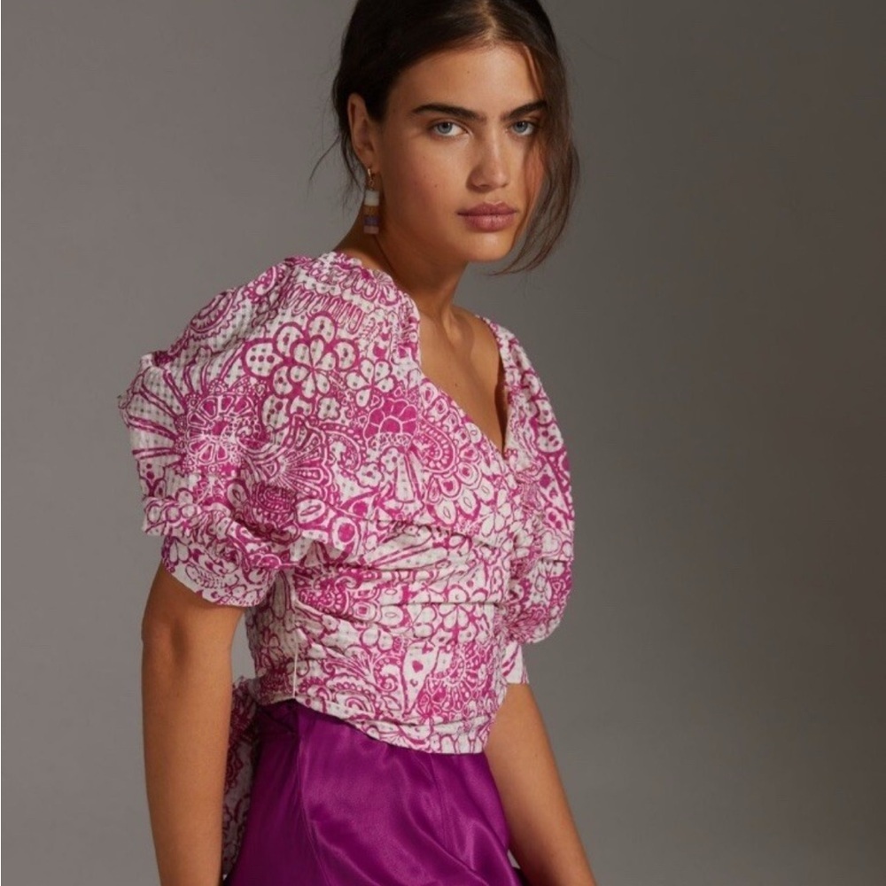 Anthropologie Pink and White Patterned Blouse - Picture 3 of 6